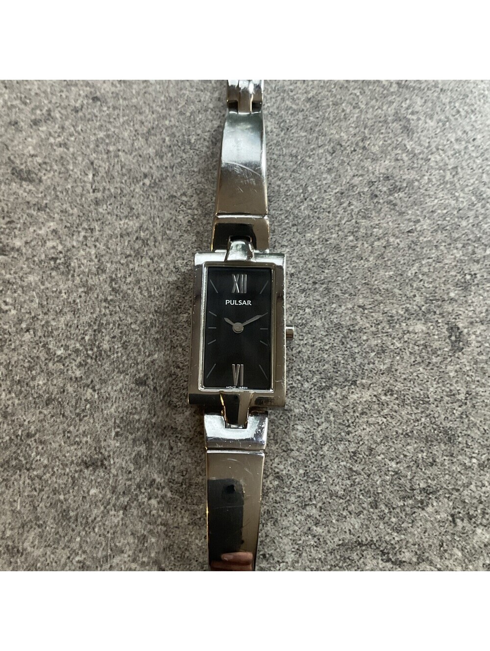 Pulsar Vintage Womens Tank Style Watch 16mm Silver Tone Case W/Black Dial Bin B